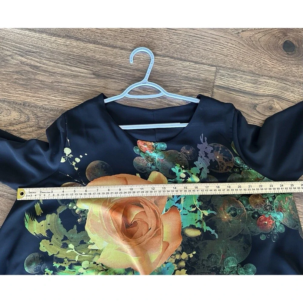 Jianruyi Rose Print Tunic Blouse Black Sheer Sleeve Stretch Boho Top Large